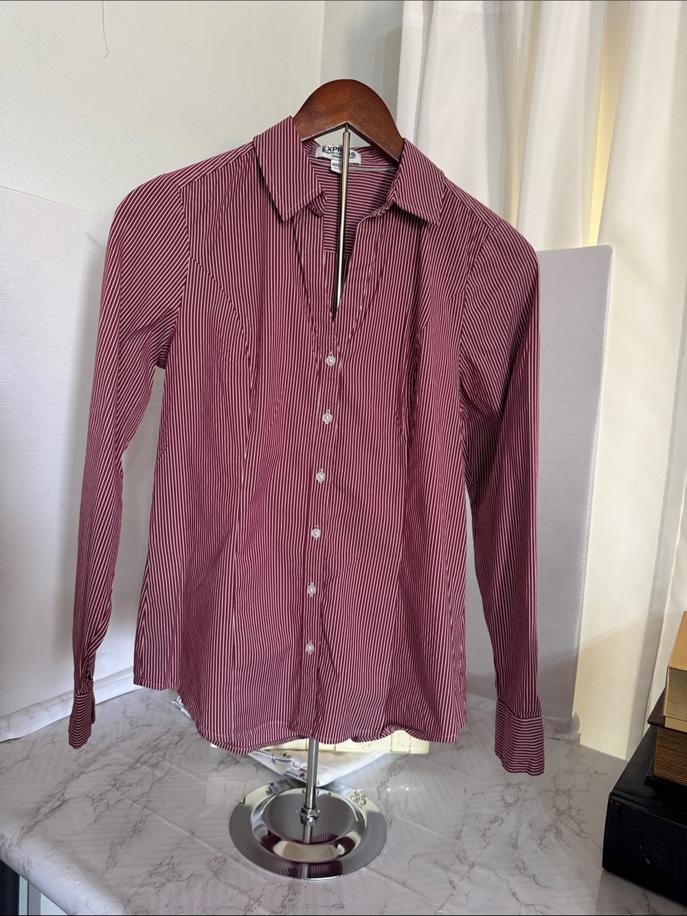 Express Burgundy and White Pinstripe Button-Down Shirt